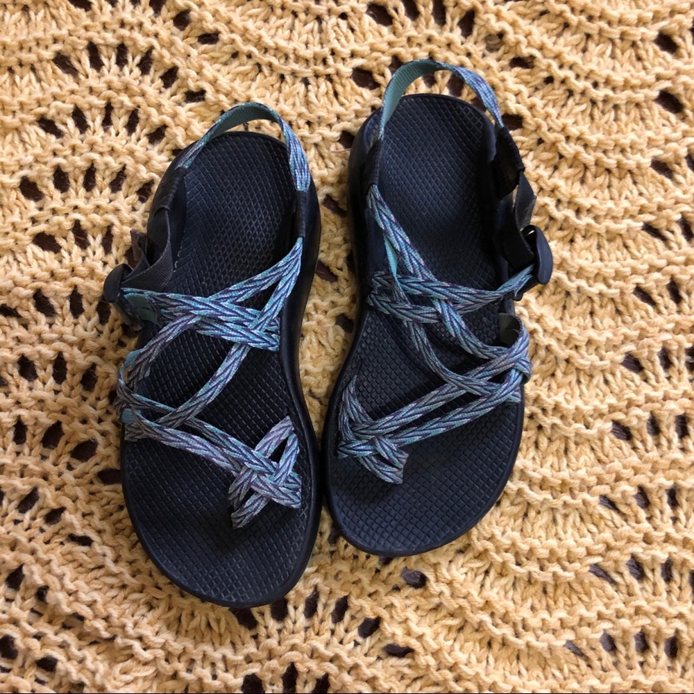 Blue and green zigzag Chacos